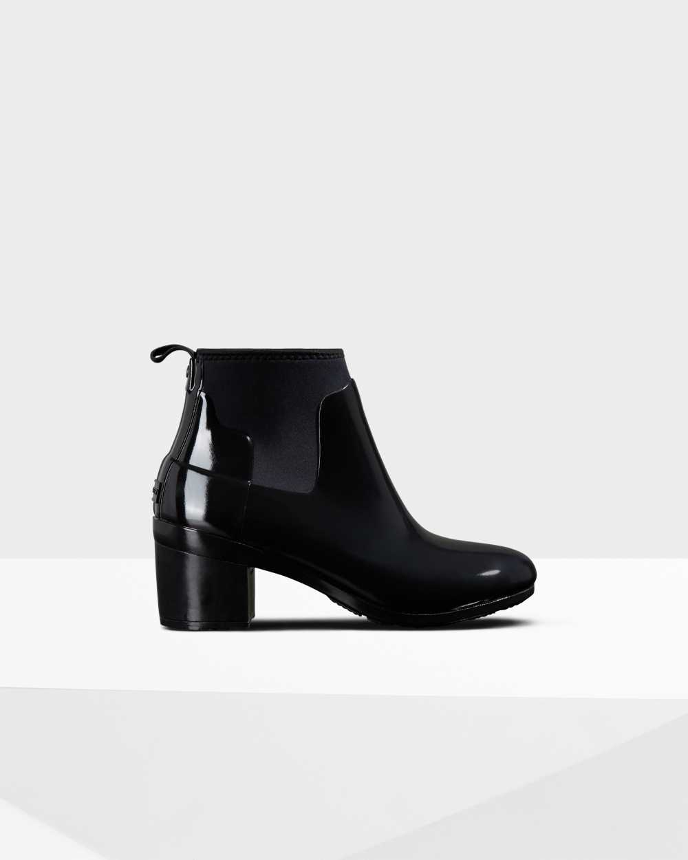 Botas Mujer - Hunter Refined Slim Fit Gloss Mid Heel Negras - TJHZCP-705 - Negras